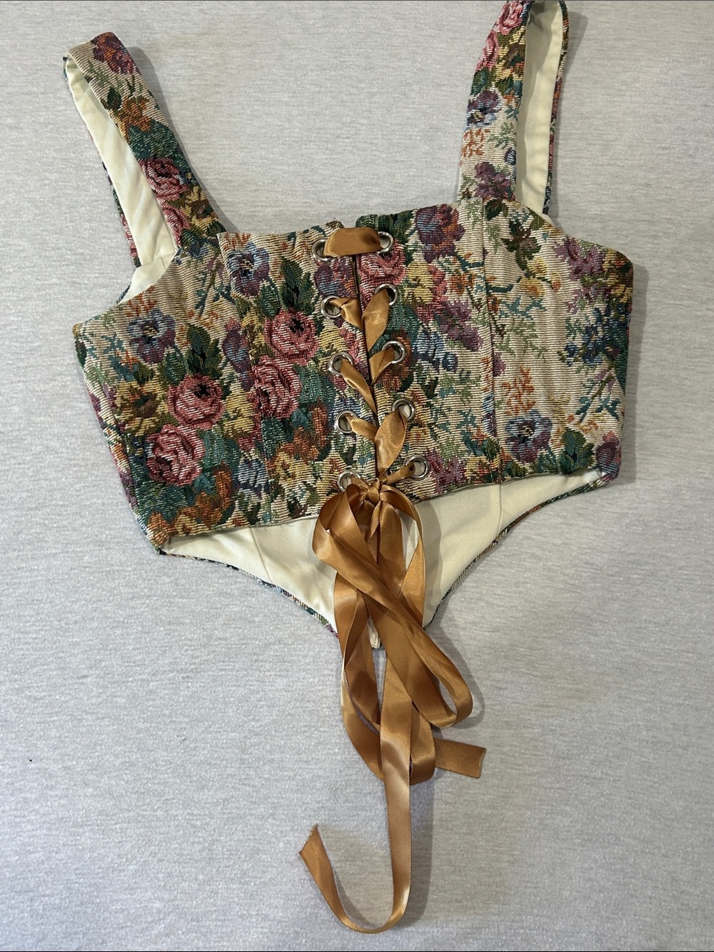 Tic Toc Floral Tapestry Corset Top with gold Ribbon Tie Sz S - Picture 4 of 7